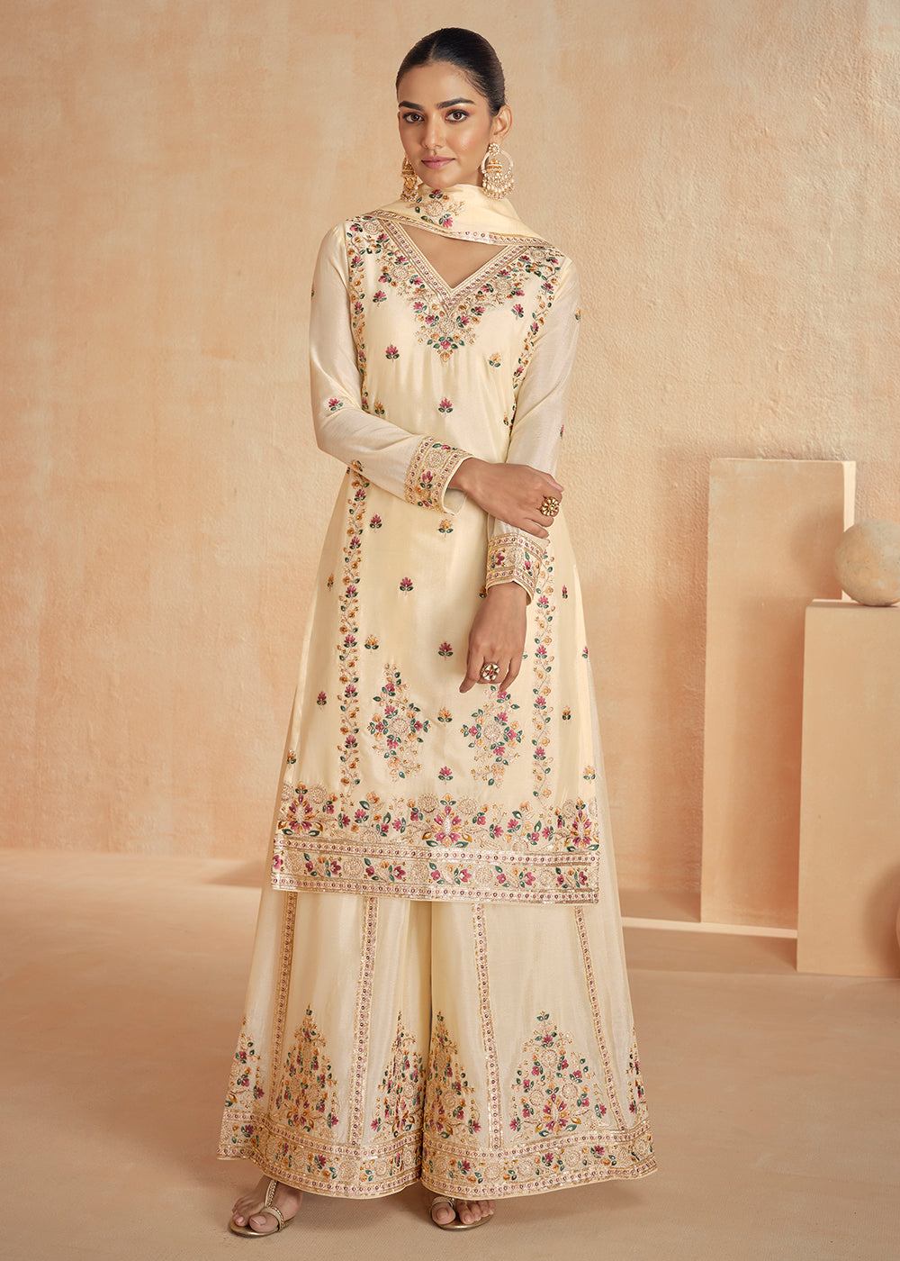 Buy Now Chinnon Silk Embroidered Cream Designer Palazzo Suit Online in USA, UK, Canada, Germany & Worldwide at Empress Clothing.