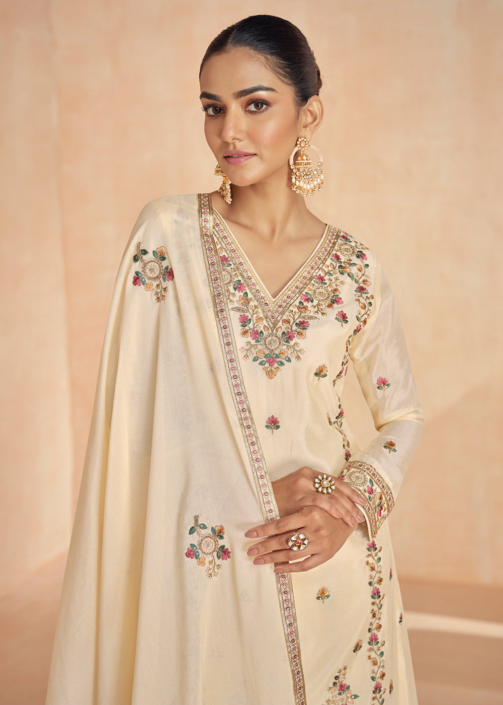 Buy Now Chinnon Silk Embroidered Cream Designer Palazzo Suit Online in USA, UK, Canada, Germany & Worldwide at Empress Clothing.