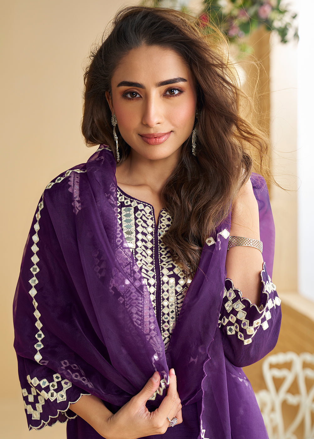 Buy Now Plum Purple Mirror & Embroidered Palazzo Suit Online in Newark, Yorktown, Toronto, London, Munich, Chicago, Denver, Utah, Paris & Worldwide at Empress.