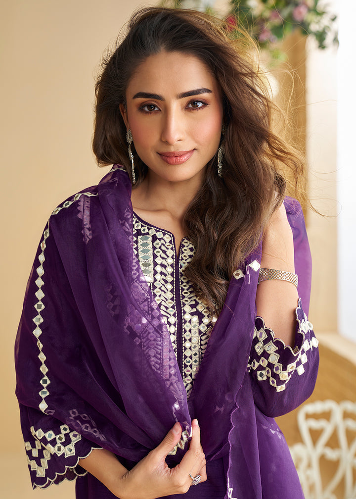 Buy Now Plum Purple Mirror & Embroidered Palazzo Suit Online in Newark, Yorktown, Toronto, London, Munich, Chicago, Denver, Utah, Paris & Worldwide at Empress.