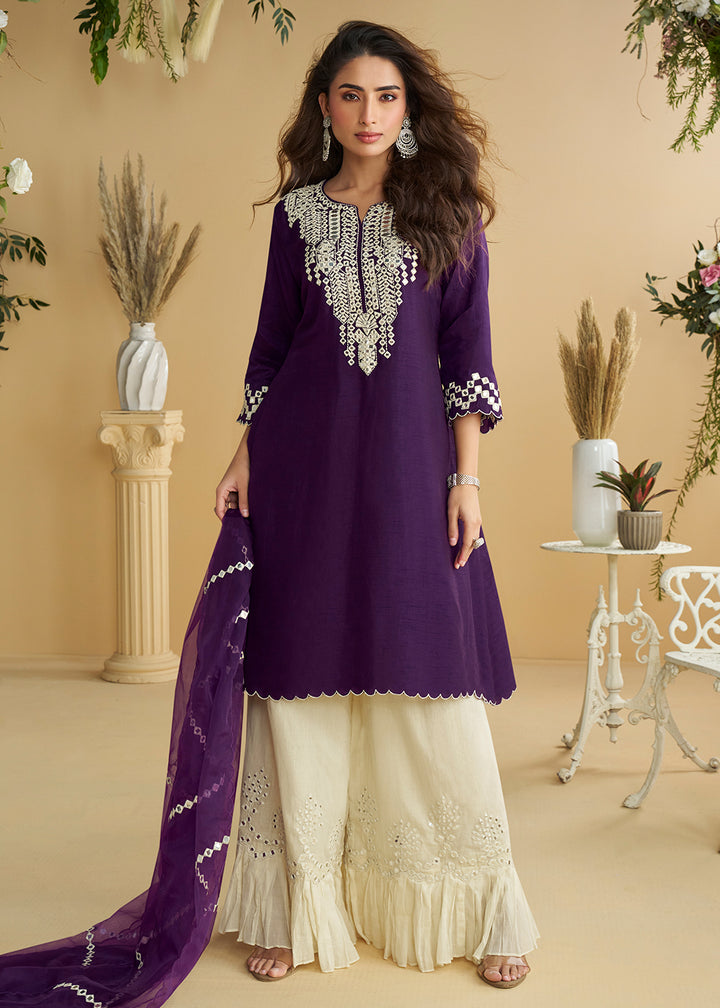 Buy Now Plum Purple Mirror & Embroidered Palazzo Suit Online in Newark, Yorktown, Toronto, London, Munich, Chicago, Denver, Utah, Paris & Worldwide at Empress.