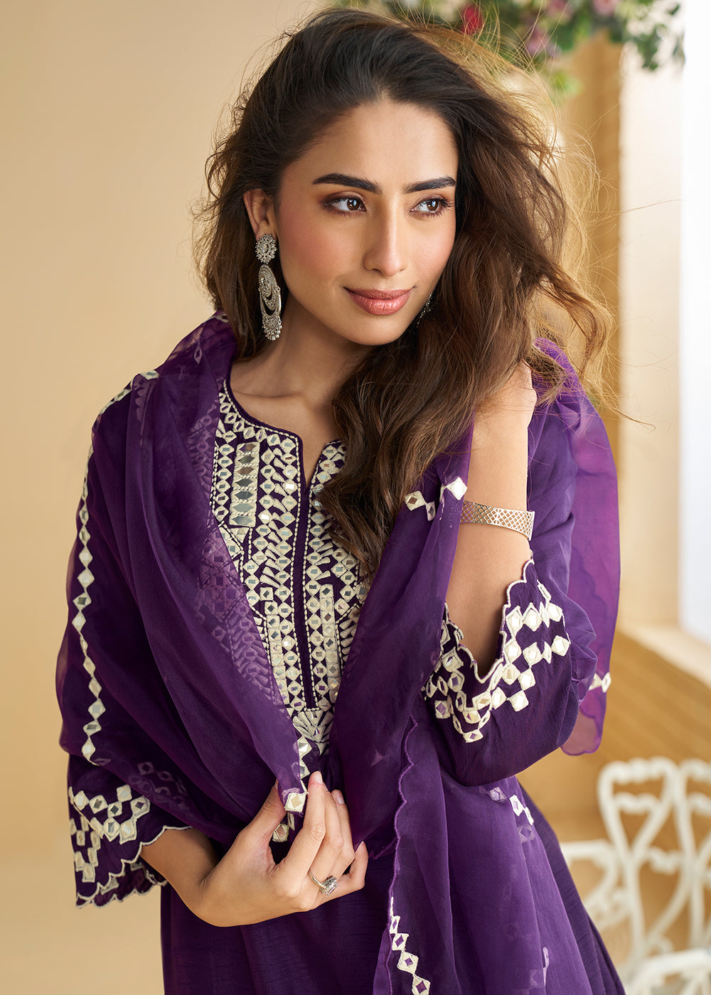 Buy Now Plum Purple Mirror & Embroidered Palazzo Suit Online in Newark, Yorktown, Toronto, London, Munich, Chicago, Denver, Utah, Paris & Worldwide at Empress.
