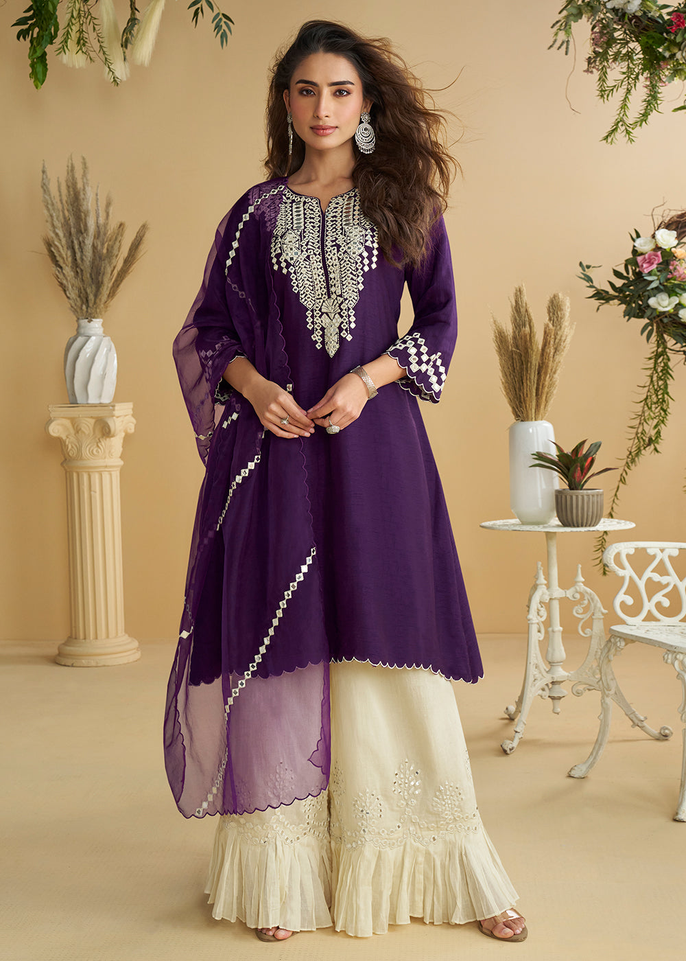 Buy Now Plum Purple Mirror & Embroidered Palazzo Suit Online in Newark, Yorktown, Toronto, London, Munich, Chicago, Denver, Utah, Paris & Worldwide at Empress.