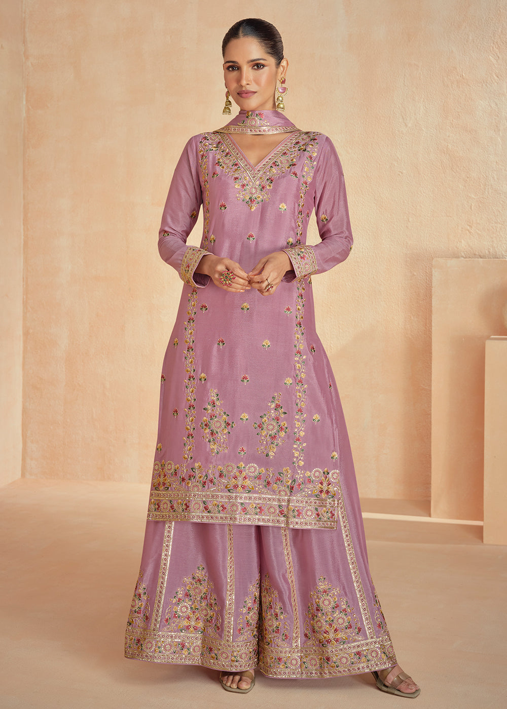 Buy Now Chinnon Silk Embroidered Pink Designer Palazzo Suit Online in USA, UK, Canada, Germany & Worldwide at Empress Clothing. 