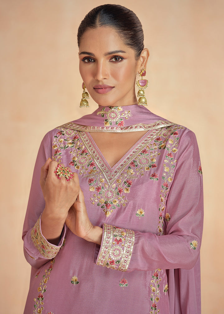 Buy Now Chinnon Silk Embroidered Pink Designer Palazzo Suit Online in USA, UK, Canada, Germany & Worldwide at Empress Clothing. 