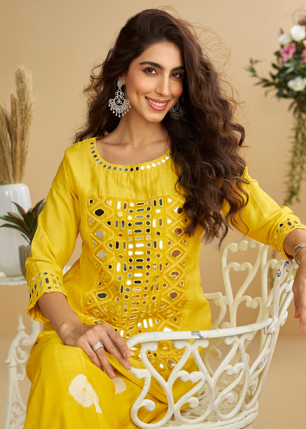 Buy Now Yellow Mirror & Embroidered Palazzo Suit Online in Newark, Yorktown, Toronto, London, Munich, Chicago, Denver, Utah, Paris, Rome & Worldwide at Empress.