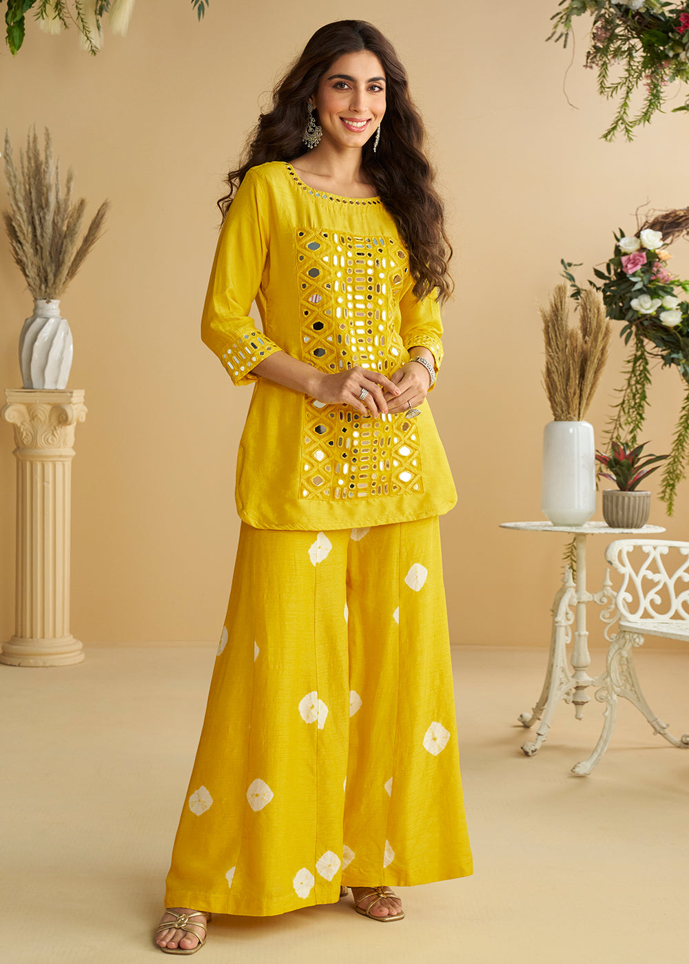 Buy Now Yellow Mirror & Embroidered Palazzo Suit Online in Newark, Yorktown, Toronto, London, Munich, Chicago, Denver, Utah, Paris, Rome & Worldwide at Empress.