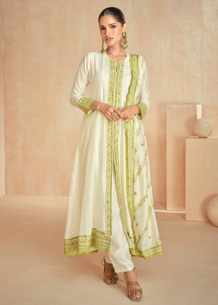 Buy Now Off White & Green Slit Style Pant Style Salwar Suit Online in USA, UK, Canada, Germany, Australia & Worldwide at Empress Clothing. 