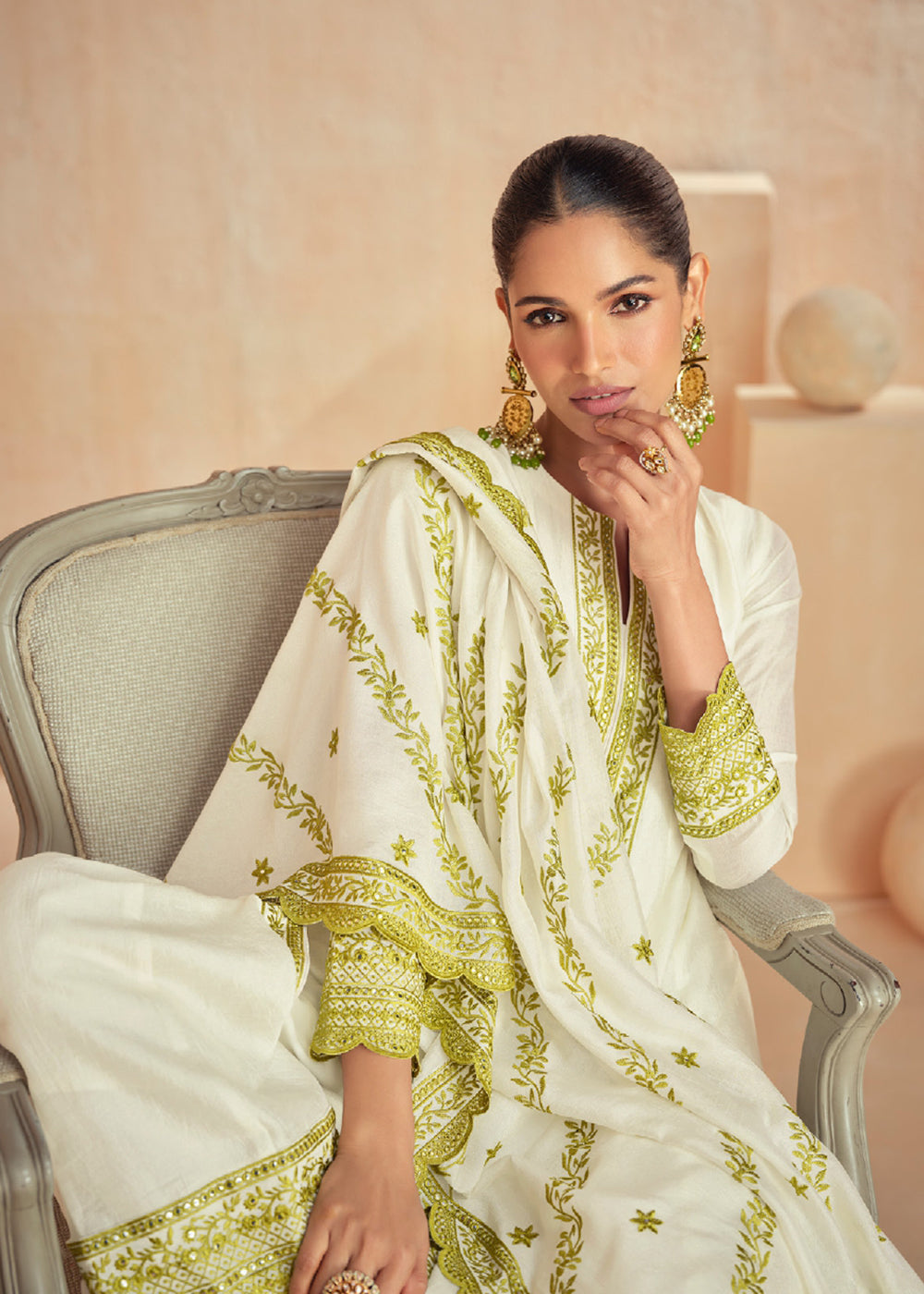 Buy Now Off White & Green Slit Style Pant Style Salwar Suit Online in USA, UK, Canada, Germany, Australia & Worldwide at Empress Clothing. 