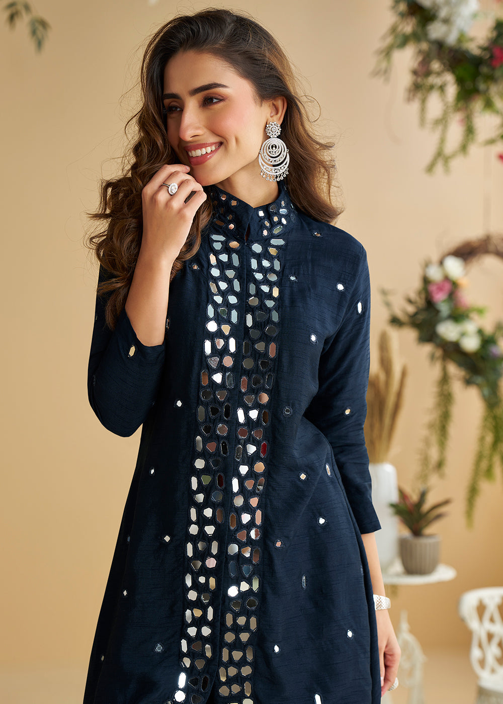 Buy Now Deep Blue Mirror & Embroidered Palazzo Suit Online in Newark, Yorktown, Toronto, London, Munich, Chicago, Denver, Utah, Paris & Worldwide at Empress.