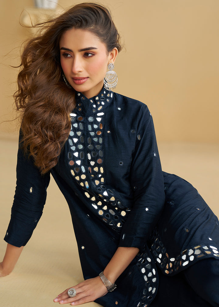 Buy Now Deep Blue Mirror & Embroidered Palazzo Suit Online in Newark, Yorktown, Toronto, London, Munich, Chicago, Denver, Utah, Paris & Worldwide at Empress.