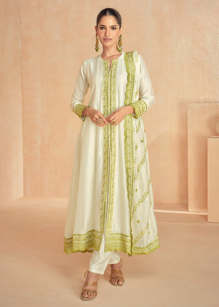 Buy Now Off White & Green Slit Style Pant Style Salwar Suit Online in USA, UK, Canada, Germany, Australia & Worldwide at Empress Clothing. 