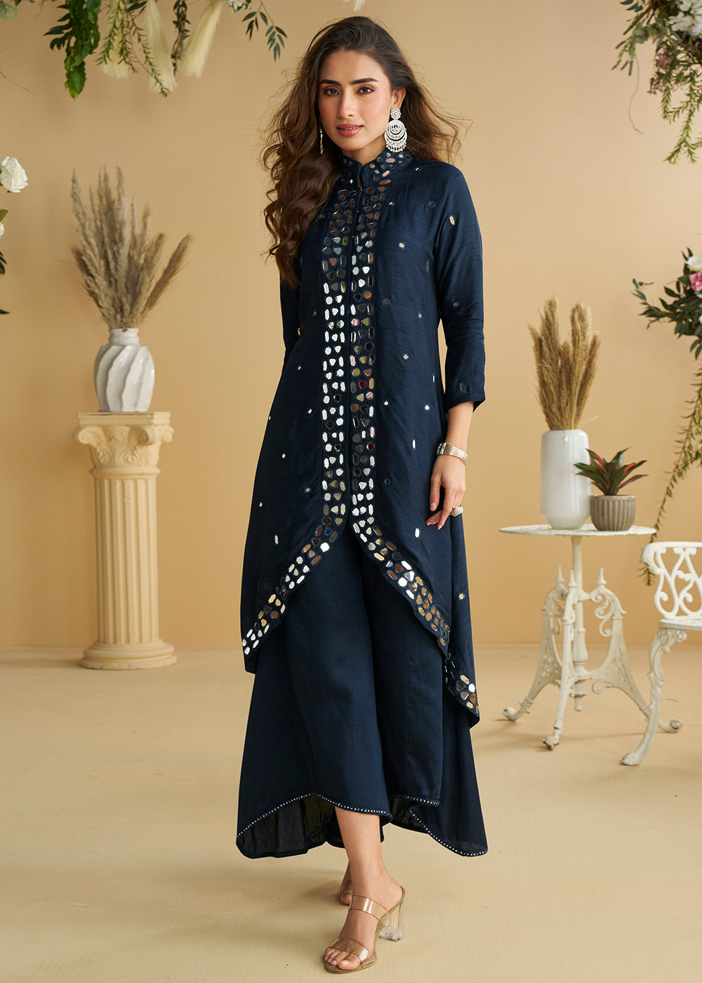 Buy Now Deep Blue Mirror & Embroidered Palazzo Suit Online in Newark, Yorktown, Toronto, London, Munich, Chicago, Denver, Utah, Paris & Worldwide at Empress.