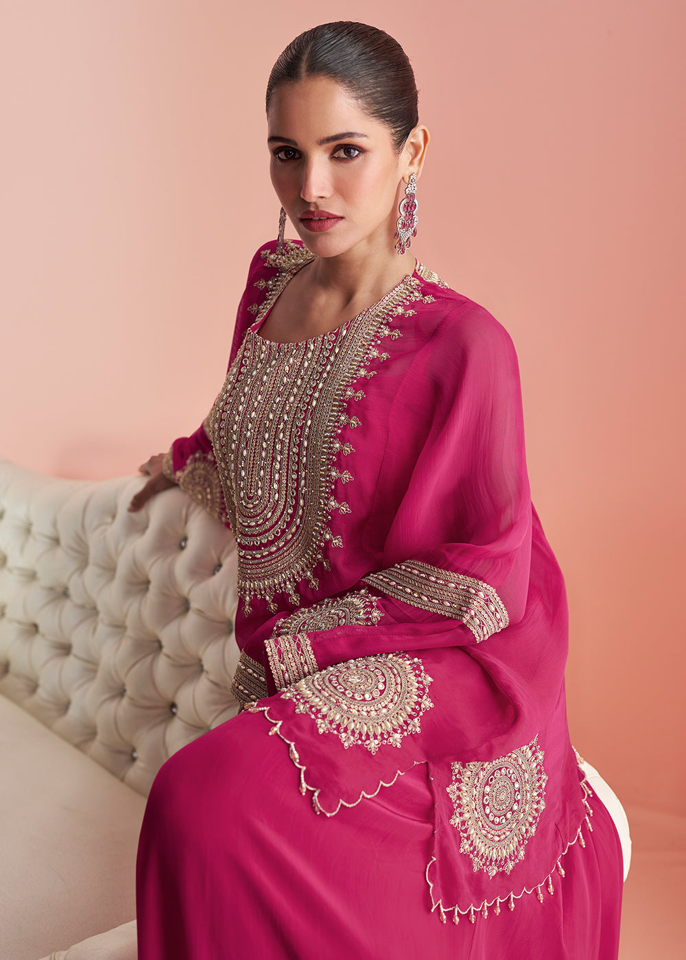 Shop Now Pink Indo Western Style Designer Party Sharara Suit Online at Empress in USA, UK, Canada, Germany, Australia, Sweden, Denmark, UAE, Qatar & Worldwide.