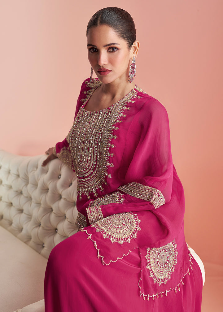 Shop Now Pink Indo Western Style Designer Party Sharara Suit Online at Empress in USA, UK, Canada, Germany, Australia, Sweden, Denmark, UAE, Qatar & Worldwide.