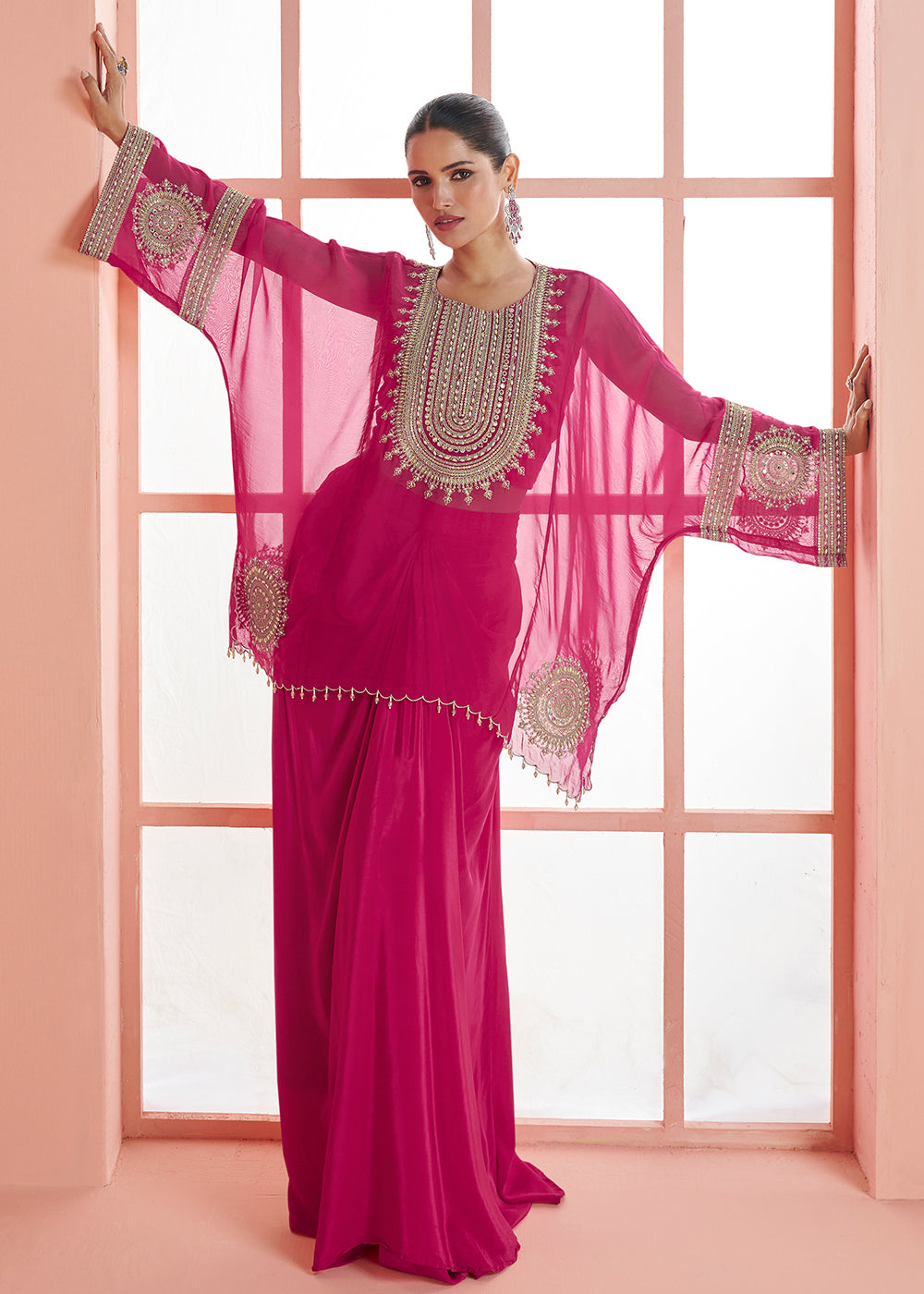Shop Now Pink Indo Western Style Designer Party Sharara Suit Online at Empress in USA, UK, Canada, Germany, Australia, Sweden, Denmark, UAE, Qatar & Worldwide.