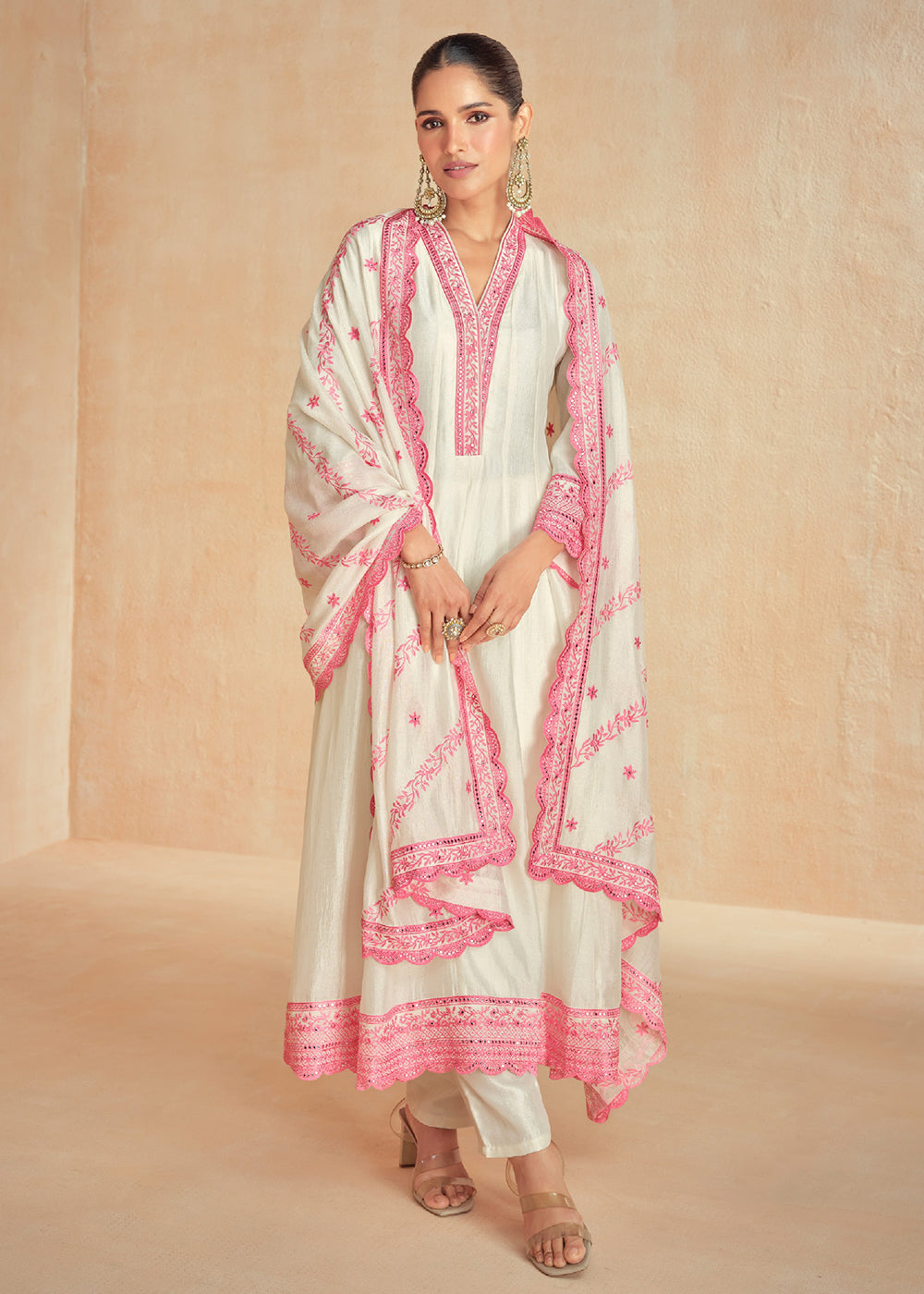 Buy Now Off White & Pink Slit Style Pant Style Salwar Suit Online in USA, UK, Canada, Germany, Australia & Worldwide at Empress Clothing. 