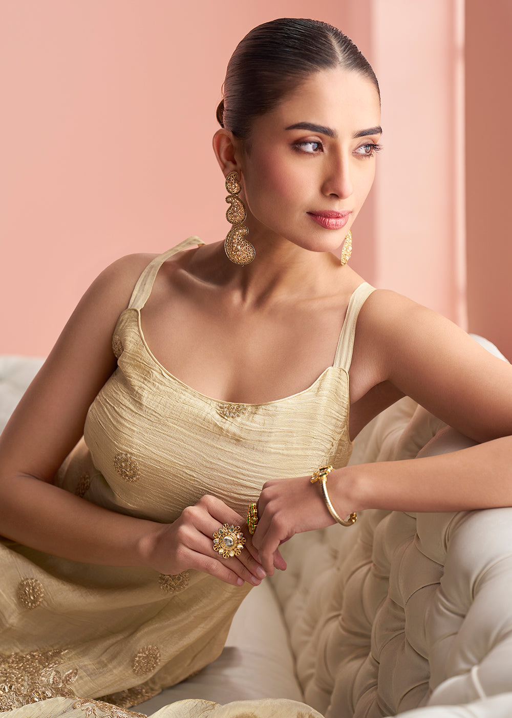 Shop Now Cream Indo Western Style Designer Party Sharara Suit Online at Empress in USA, UK, Canada, Germany, Australia, Sweden, Denmark, UAE, Qatar & Worldwide.