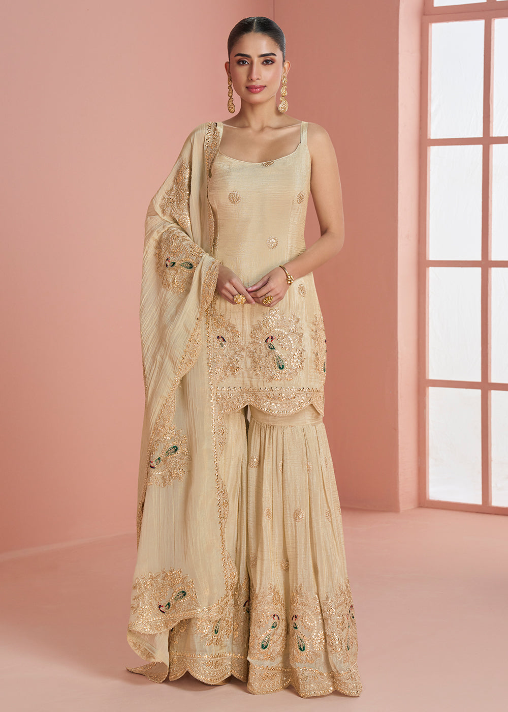Shop Now Cream Indo Western Style Designer Party Sharara Suit Online at Empress in USA, UK, Canada, Germany, Australia, Sweden, Denmark, UAE, Qatar & Worldwide.