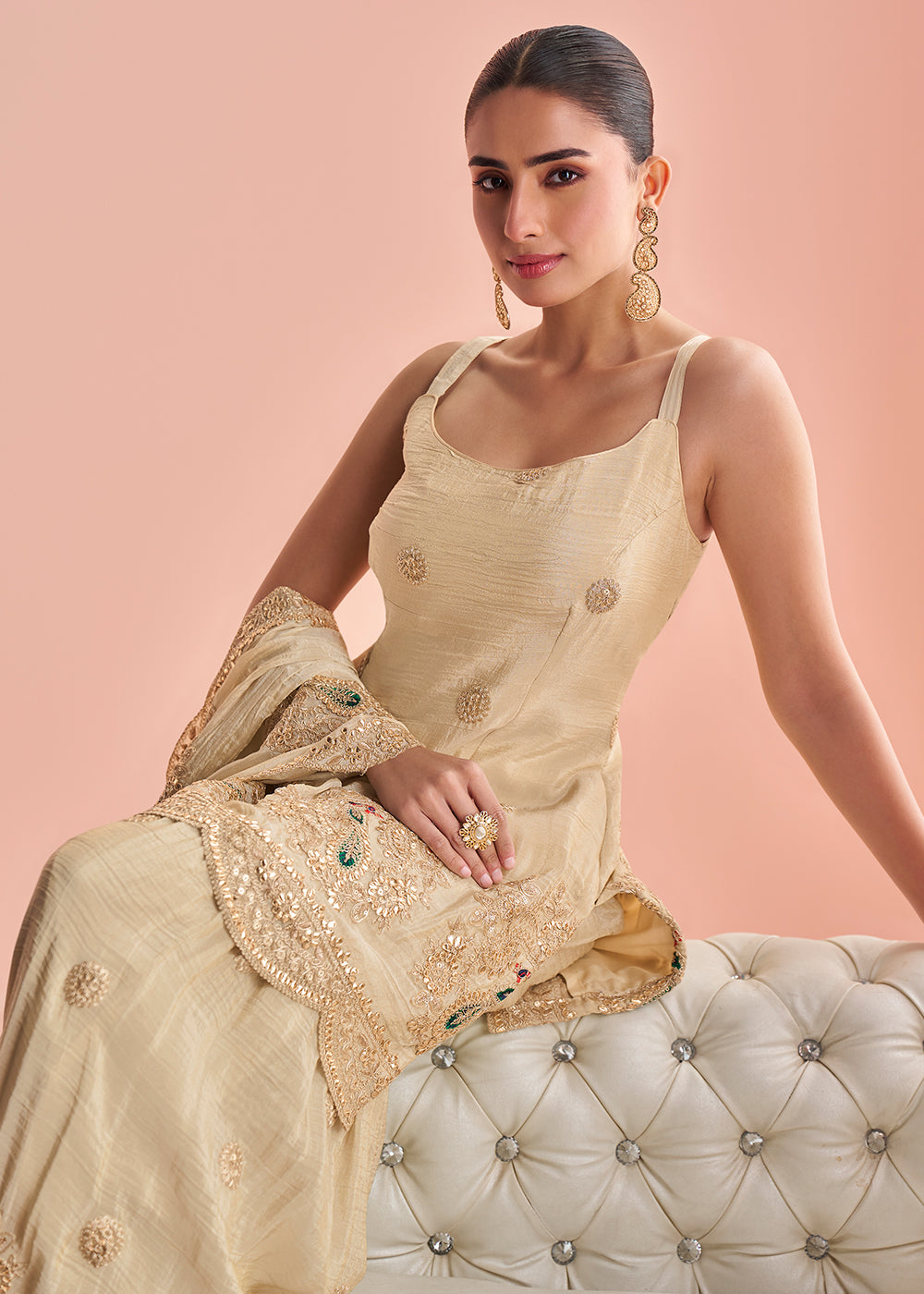 Shop Now Cream Indo Western Style Designer Party Sharara Suit Online at Empress in USA, UK, Canada, Germany, Australia, Sweden, Denmark, UAE, Qatar & Worldwide.