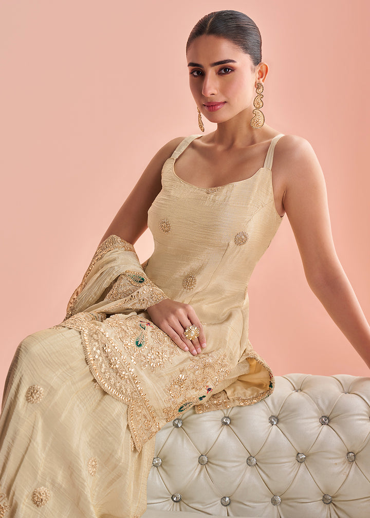 Shop Now Cream Indo Western Style Designer Party Sharara Suit Online at Empress in USA, UK, Canada, Germany, Australia, Sweden, Denmark, UAE, Qatar & Worldwide.