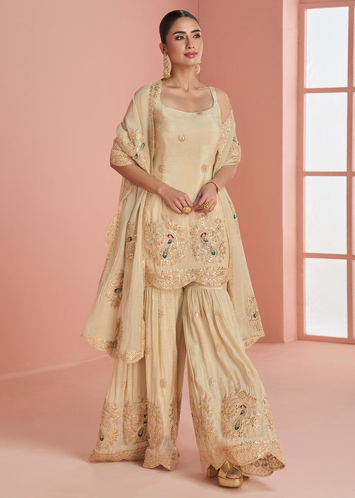 Shop Now Cream Indo Western Style Designer Party Sharara Suit Online at Empress in USA, UK, Canada, Germany, Australia, Sweden, Denmark, UAE, Qatar & Worldwide.