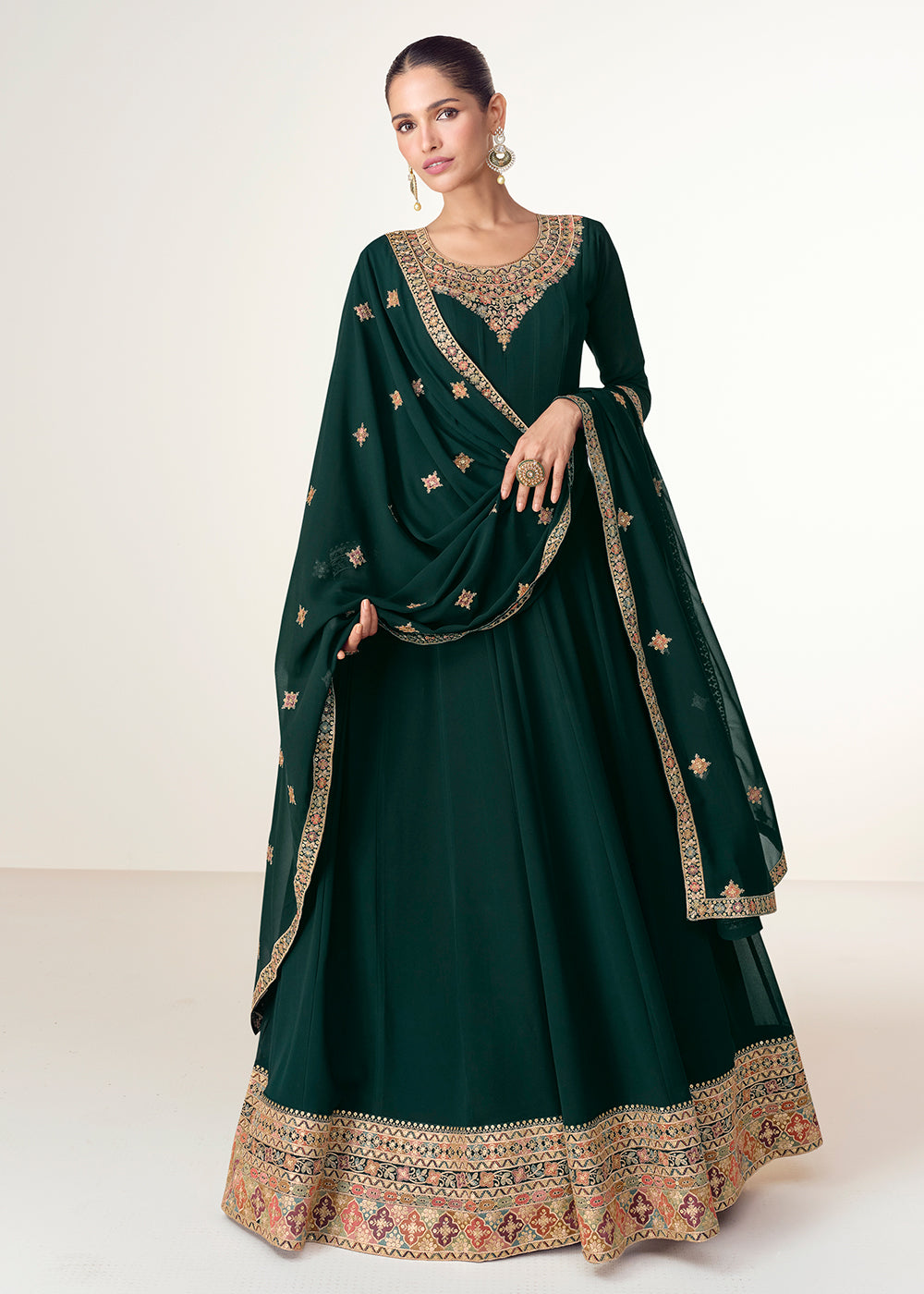 Buy Now Green Real Georgette Floor Length Anarkali Suit Online in USA, UK, Australia, Italy, Germany, Canada, UAE & Worldwide at Empress Clothing.