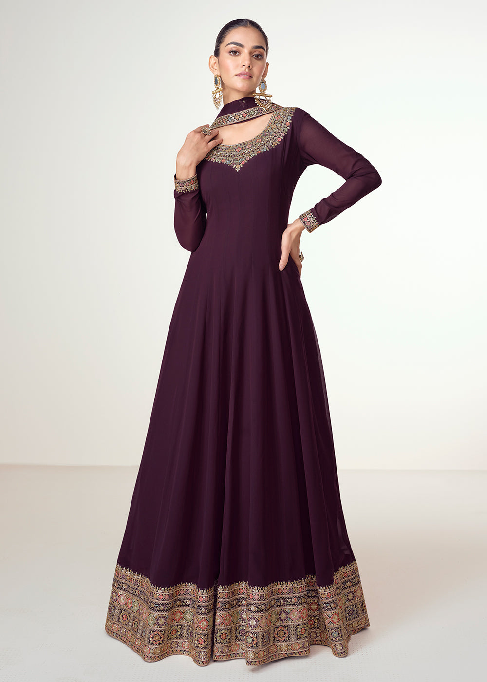 Buy Now Wine Real Georgette Floor Length Anarkali Suit Online in USA, UK, Australia, Italy, Germany, Canada, UAE & Worldwide at Empress Clothing.