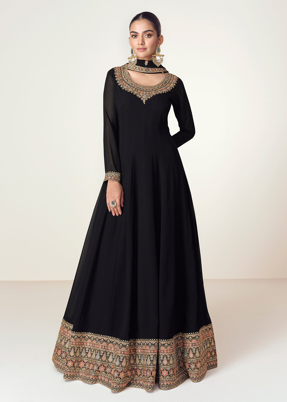 Buy Now Black Real Georgette Floor Length Anarkali Suit Online in USA, UK, Australia, Italy, Germany, Canada, UAE & Worldwide at Empress Clothing.