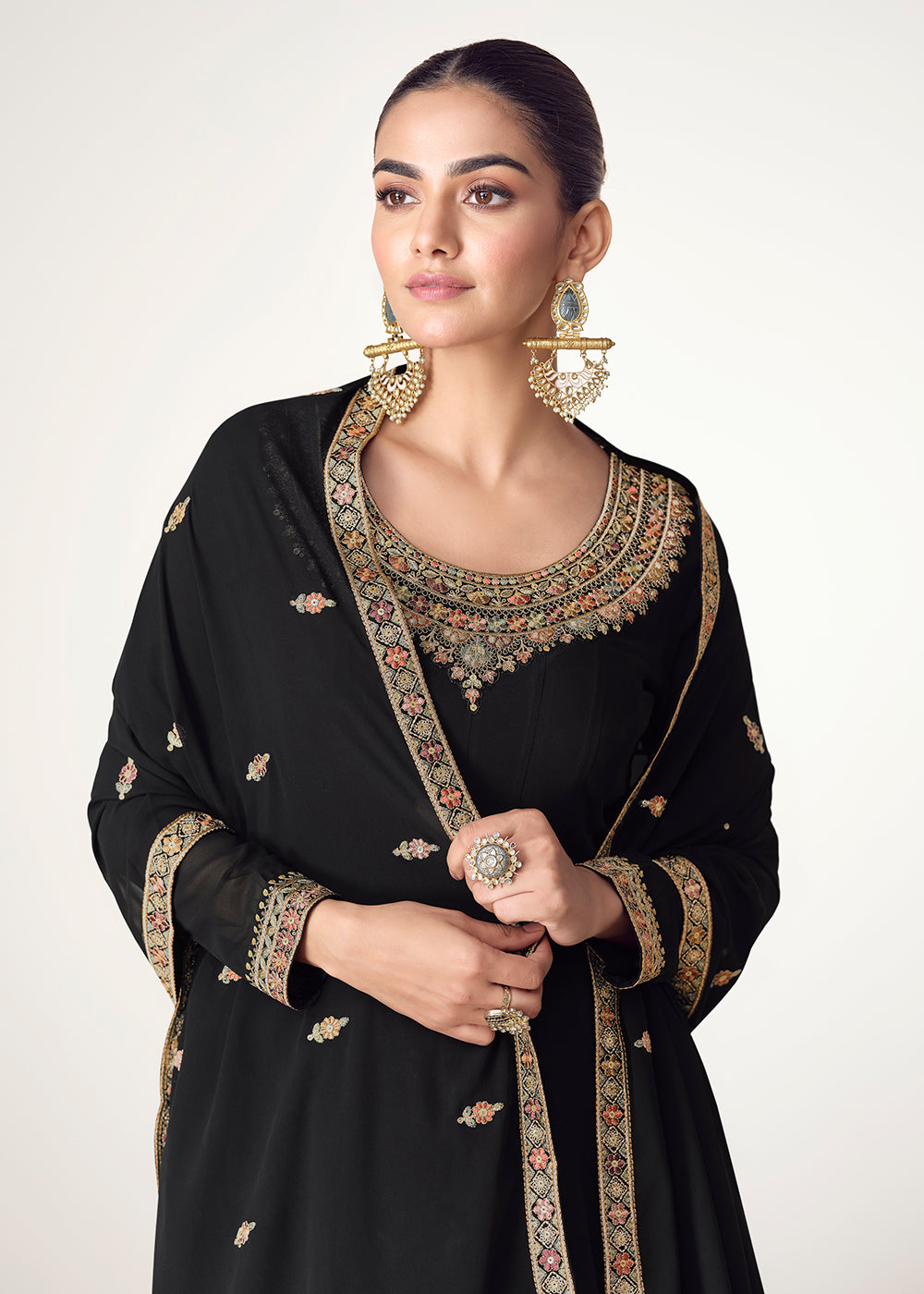 Buy Now Black Real Georgette Floor Length Anarkali Suit Online in USA, UK, Australia, Italy, Germany, Canada, UAE & Worldwide at Empress Clothing.