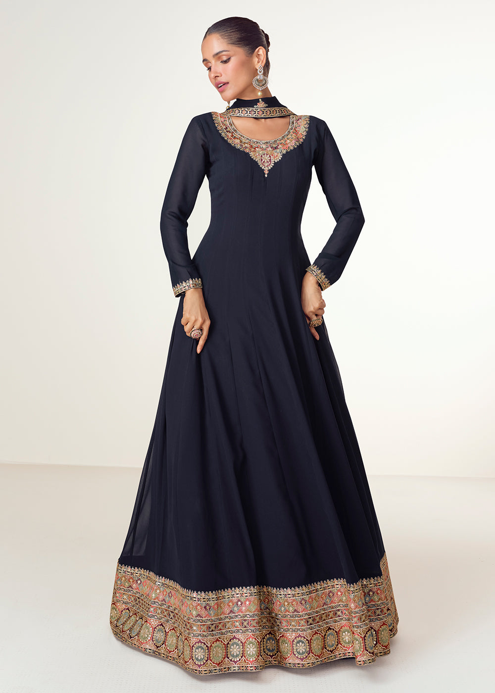 Buy Now Navy Blue Real Georgette Floor Length Anarkali Suit Online in USA, UK, Australia, Italy, Germany, Canada, UAE & Worldwide at Empress Clothing.