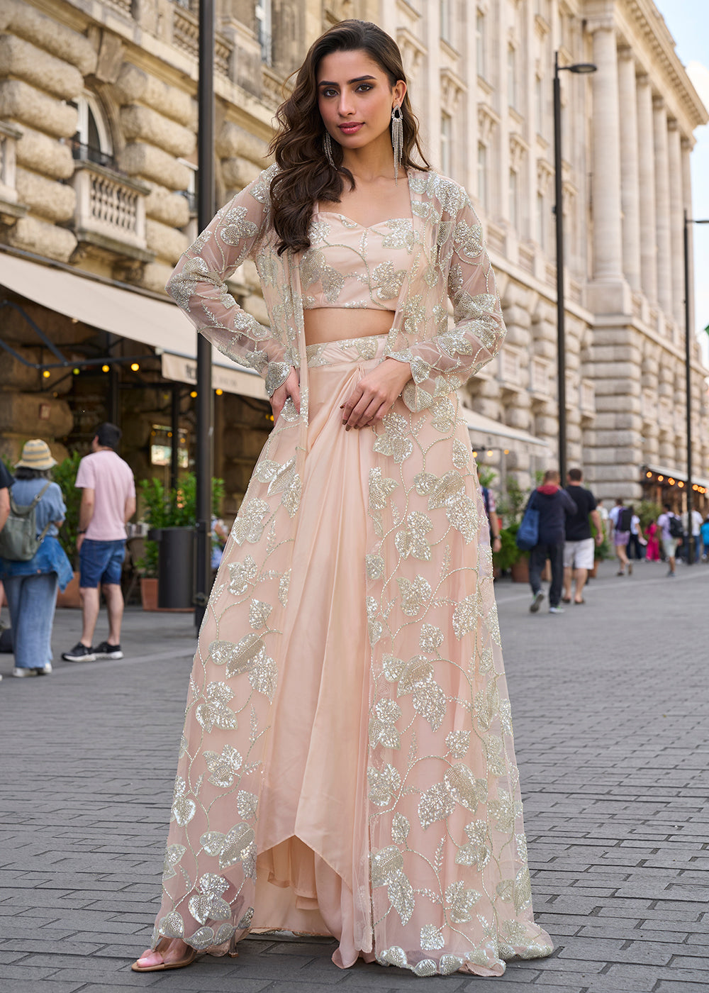 Buy Now Indo Western Peach Jacket & Dhoti Style Dress Online in Newark, Miami, Toronto, London, Bayern, Austin, Denver, New York, Dubai & Worldwide at Empress