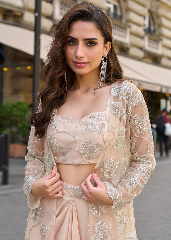 Buy Now Indo Western Peach Jacket & Dhoti Style Dress Online in Newark, Miami, Toronto, London, Bayern, Austin, Denver, New York, Dubai & Worldwide at Empress