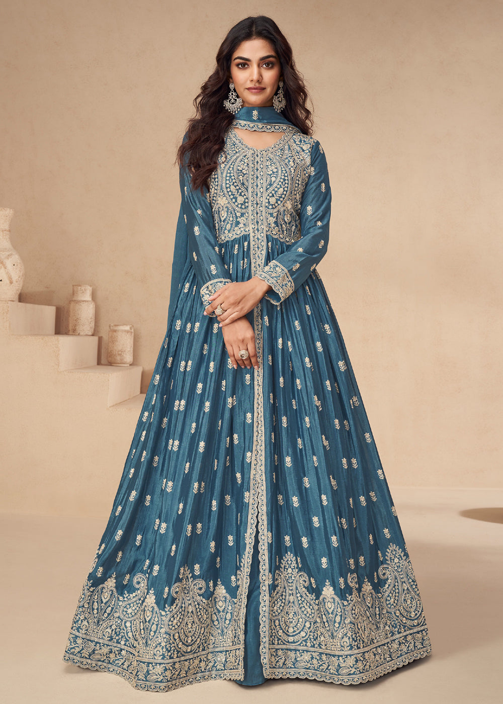 Buy Now Lehenga Style Blue Embroidered Slit Style Anarkali Dress Online in USA, UK, Australia, Italy, Germany, Canada, UAE & Worldwide at Empress Clothing.