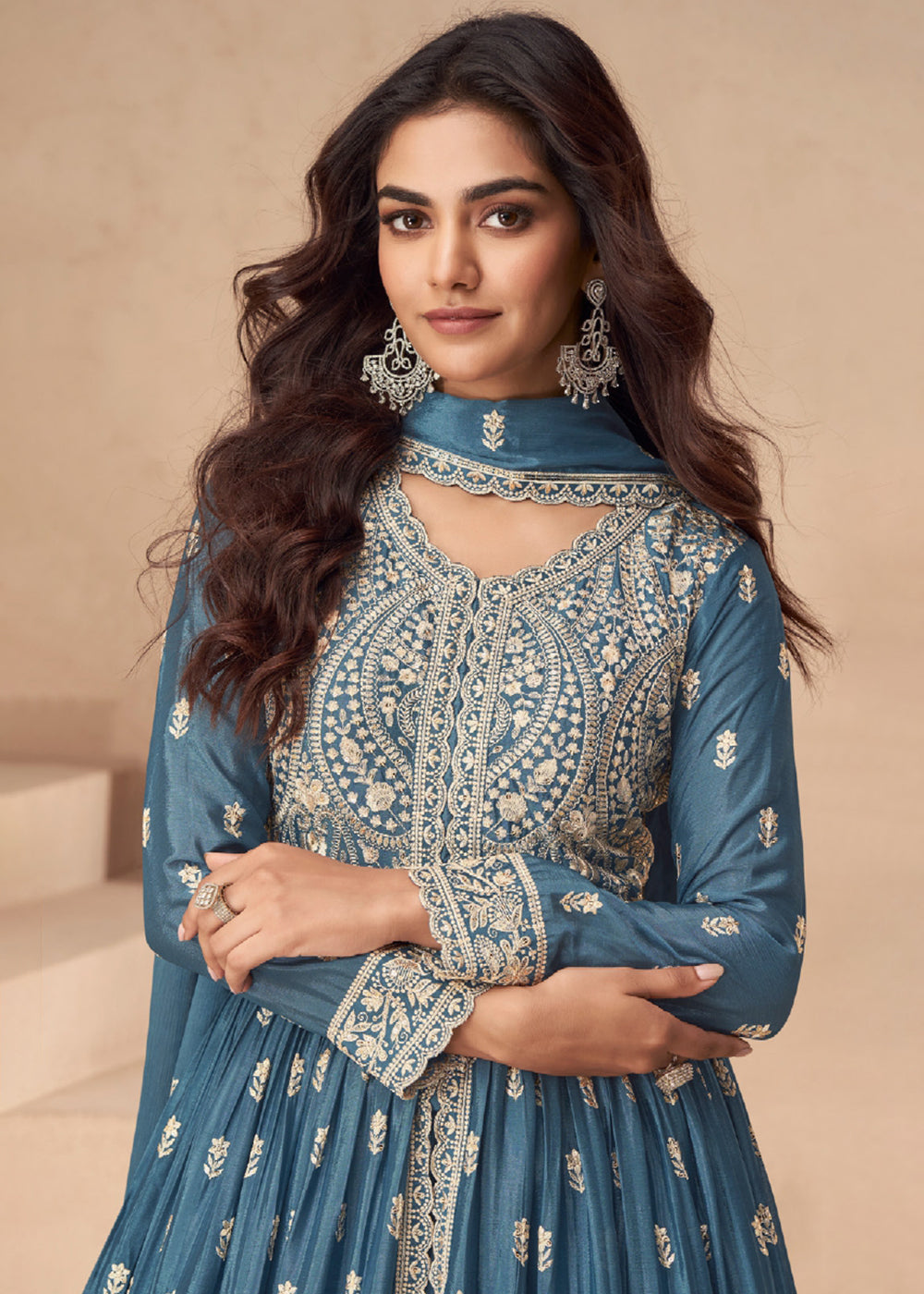 Buy Now Lehenga Style Blue Embroidered Slit Style Anarkali Dress Online in USA, UK, Australia, Italy, Germany, Canada, UAE & Worldwide at Empress Clothing.