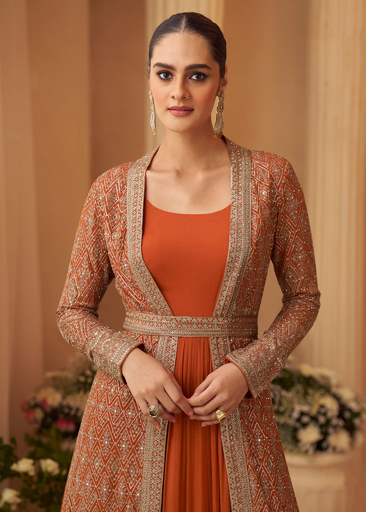Buy Now Orange Trendy Jacket Style Wedding Look Anarkali Suit Online in USA, UK, Sweden, Denmark, Italy, Germany, Canada, UAE & Worldwide at Empress Clothing.