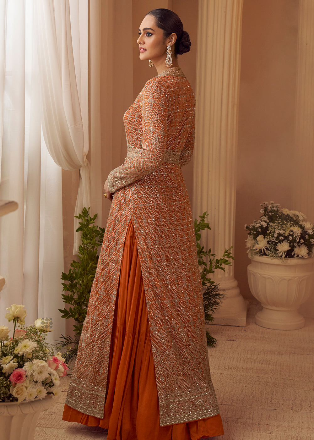 Buy Now Orange Trendy Jacket Style Wedding Look Anarkali Suit Online in USA, UK, Sweden, Denmark, Italy, Germany, Canada, UAE & Worldwide at Empress Clothing.