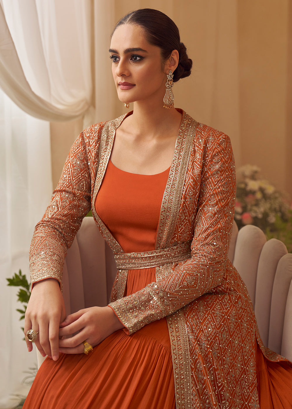 Buy Now Orange Trendy Jacket Style Wedding Look Anarkali Suit Online in USA, UK, Sweden, Denmark, Italy, Germany, Canada, UAE & Worldwide at Empress Clothing.