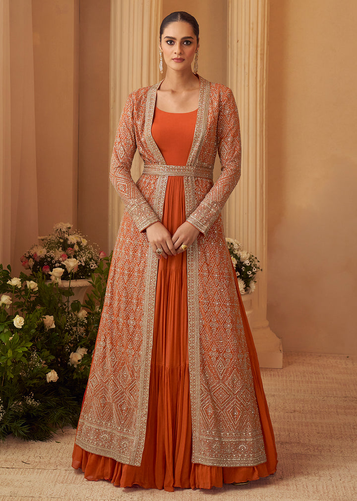 Buy Now Orange Trendy Jacket Style Wedding Look Anarkali Suit Online in USA, UK, Sweden, Denmark, Italy, Germany, Canada, UAE & Worldwide at Empress Clothing.
