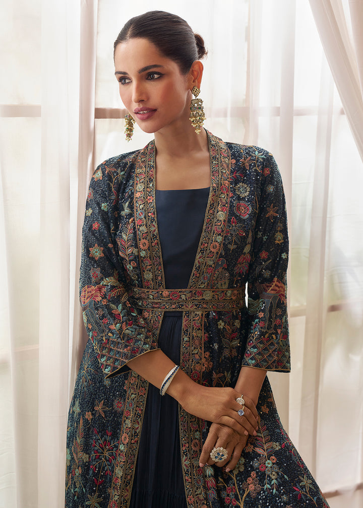 Buy Now Blue Trendy Jacket Style Wedding Look Anarkali Suit Online in USA, UK, Sweden, Denmark, Italy, Germany, Canada, UAE & Worldwide at Empress Clothing.