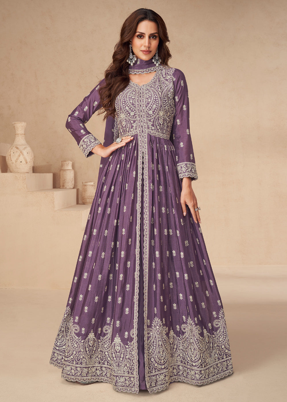 Buy Now Lehenga Style Purple Embroidered Slit Style Anarkali Dress Online in USA, UK, Australia, Italy, Germany, Canada, UAE & Worldwide at Empress Clothing. 