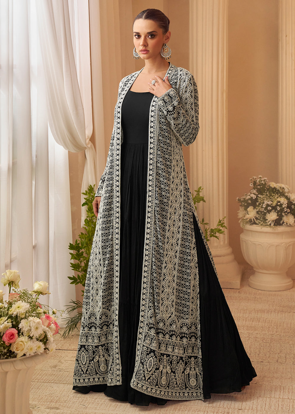 Buy Now Black Trendy Jacket Style Wedding Look Anarkali Suit Online in USA, UK, Sweden, Denmark, Italy, Germany, Canada, UAE & Worldwide at Empress Clothing.