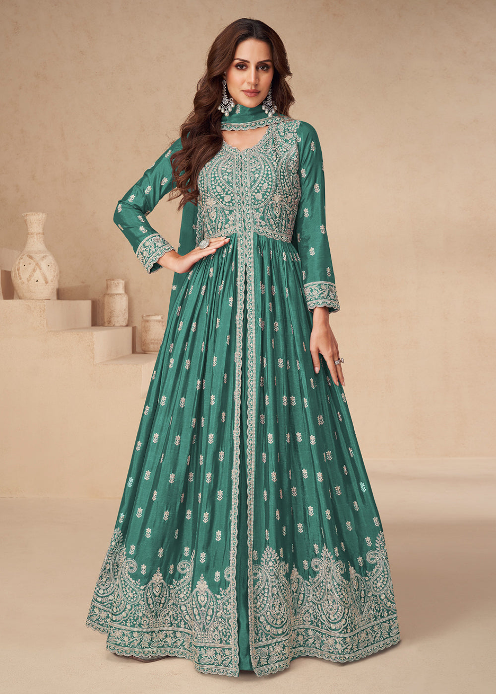 Buy Now Lehenga Style Green Embroidered Slit Style Anarkali Dress Online in USA, UK, Australia, Italy, Germany, Canada, UAE & Worldwide at Empress Clothing. 