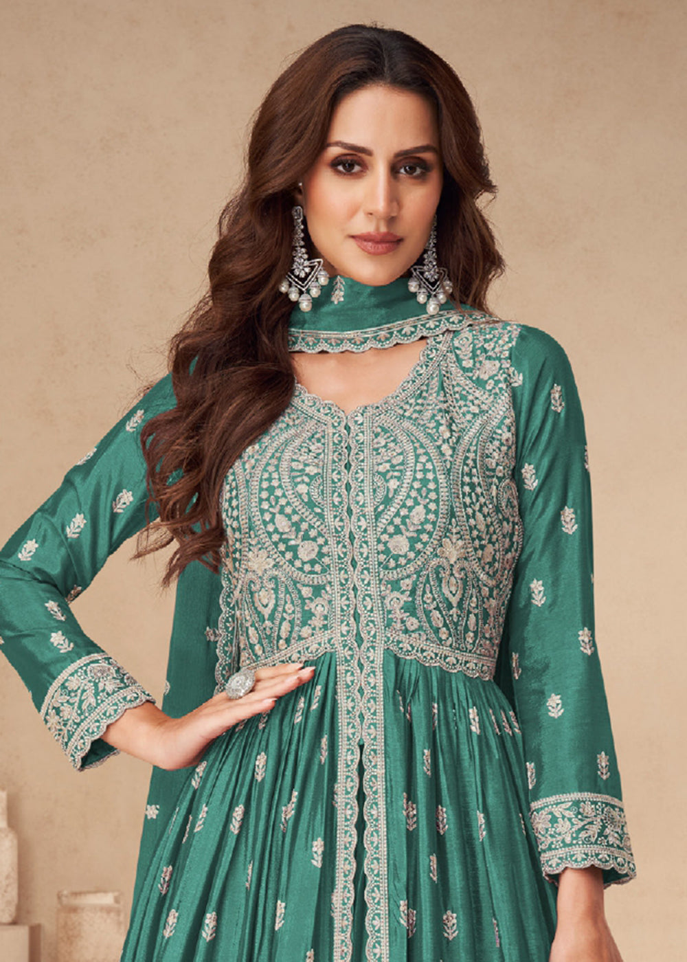 Buy Now Lehenga Style Green Embroidered Slit Style Anarkali Dress Online in USA, UK, Australia, Italy, Germany, Canada, UAE & Worldwide at Empress Clothing. 