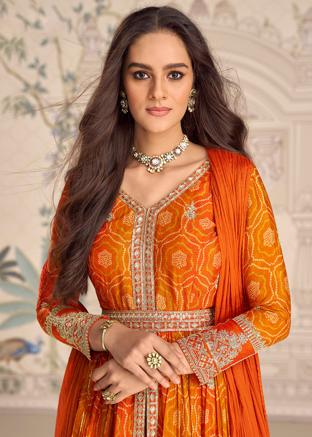 Buy Now Orange Chinnon Silk Slit Frock Style Anarkali Dress Online in USA, UK, Sweden, Denmark, Greece, Germany, Canada, Austria, UAE & Worldwide at Empress.
