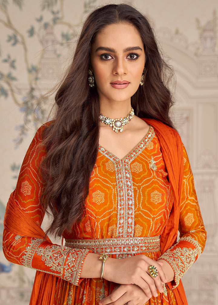 Buy Now Orange Chinnon Silk Slit Frock Style Anarkali Dress Online in USA, UK, Sweden, Denmark, Greece, Germany, Canada, Austria, UAE & Worldwide at Empress.