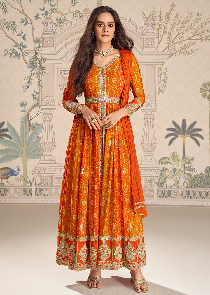 Buy Now Orange Chinnon Silk Slit Frock Style Anarkali Dress Online in USA, UK, Sweden, Denmark, Greece, Germany, Canada, Austria, UAE & Worldwide at Empress.