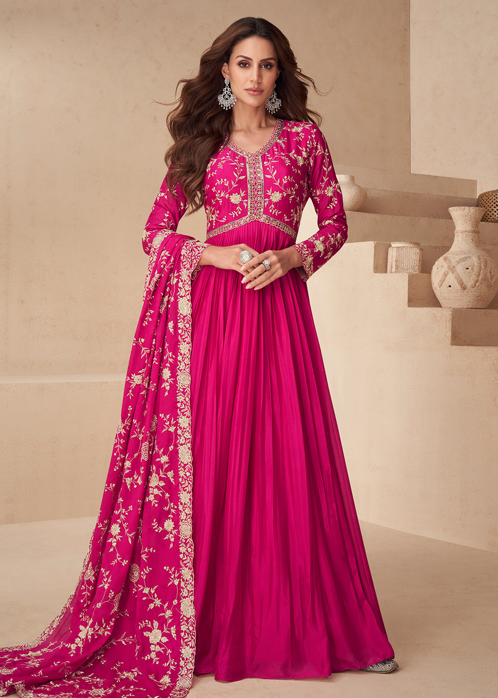 Buy Now Magenta Pink Embroidered Chinnon Festive Anarkali Dress Online in USA, UK, Germany, Canada, UAE & Worldwide at Empress Clothing.