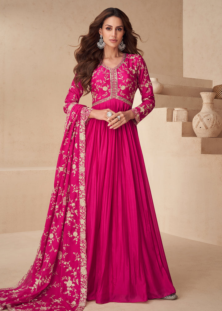 Buy Now Magenta Pink Embroidered Chinnon Festive Anarkali Dress Online in USA, UK, Germany, Canada, UAE & Worldwide at Empress Clothing.