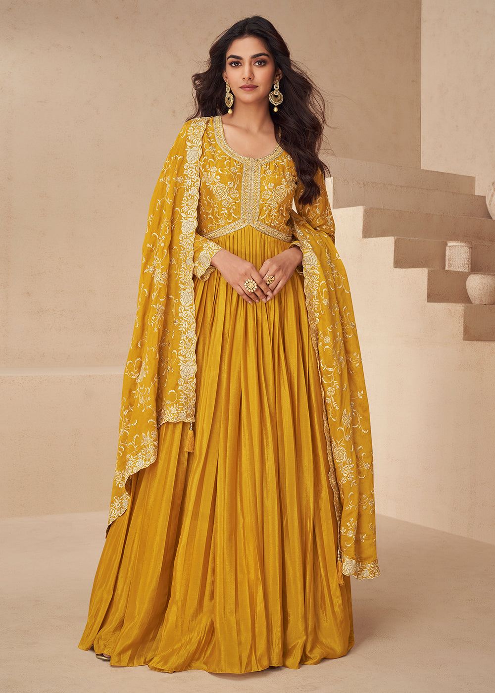 Buy Now Yellow Embroidered Chinnon Festive Anarkali Dress Online in USA, UK, Germany, Canada, UAE & Worldwide at Empress Clothing.